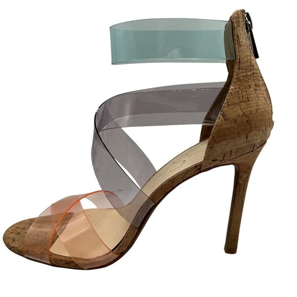 Jessica Simpson 8M Cork Clear Strap Heels Multicolor Stiletto Sandals Cocktail - Picture 5 of 14